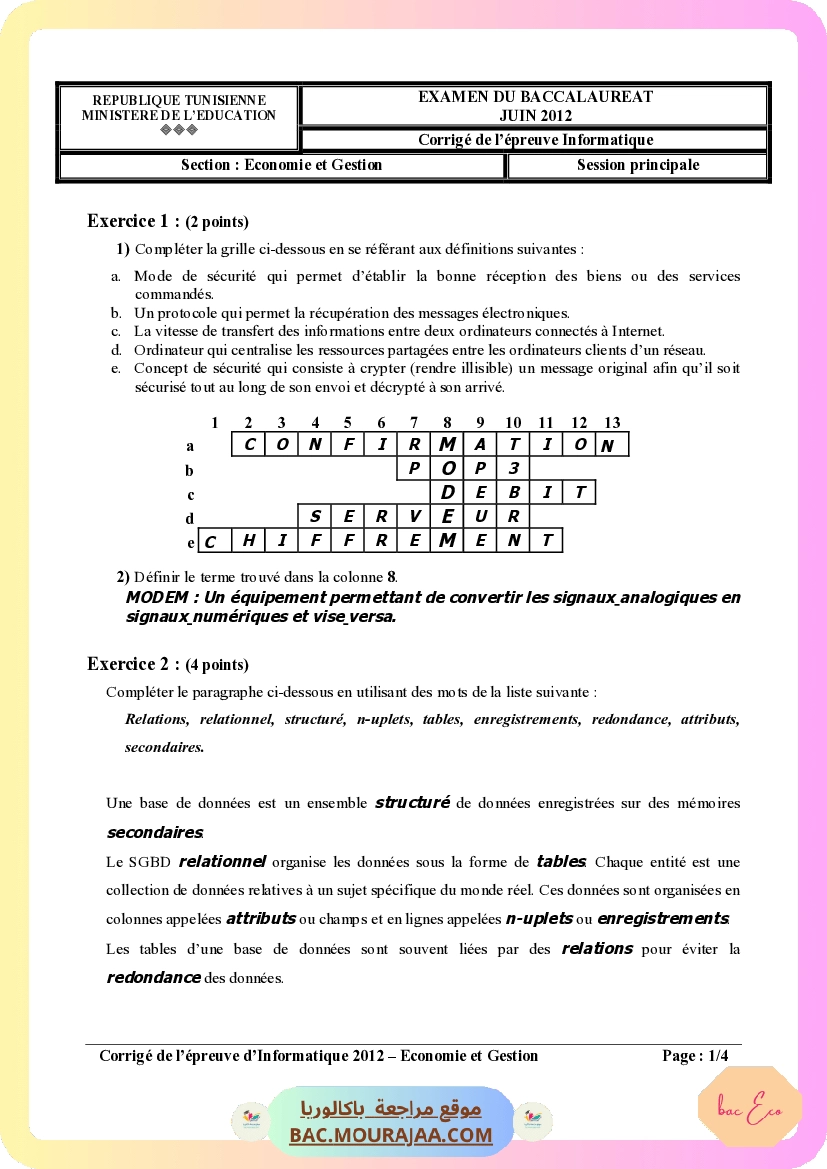 Corrigé principale info Bac 2012 – Section eco